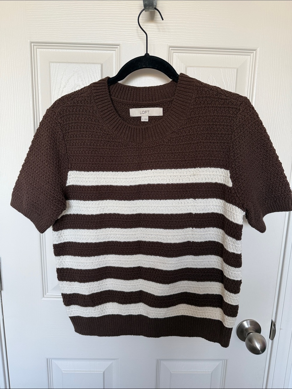 LOFT Brown and White Striped Short Sleeve Knit Top